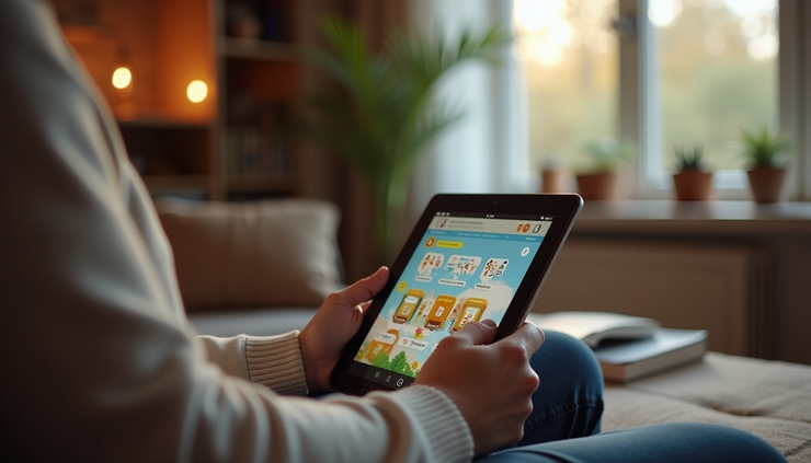 Eye-level view of a person playing a language learning game on a tablet in a cozy home setting