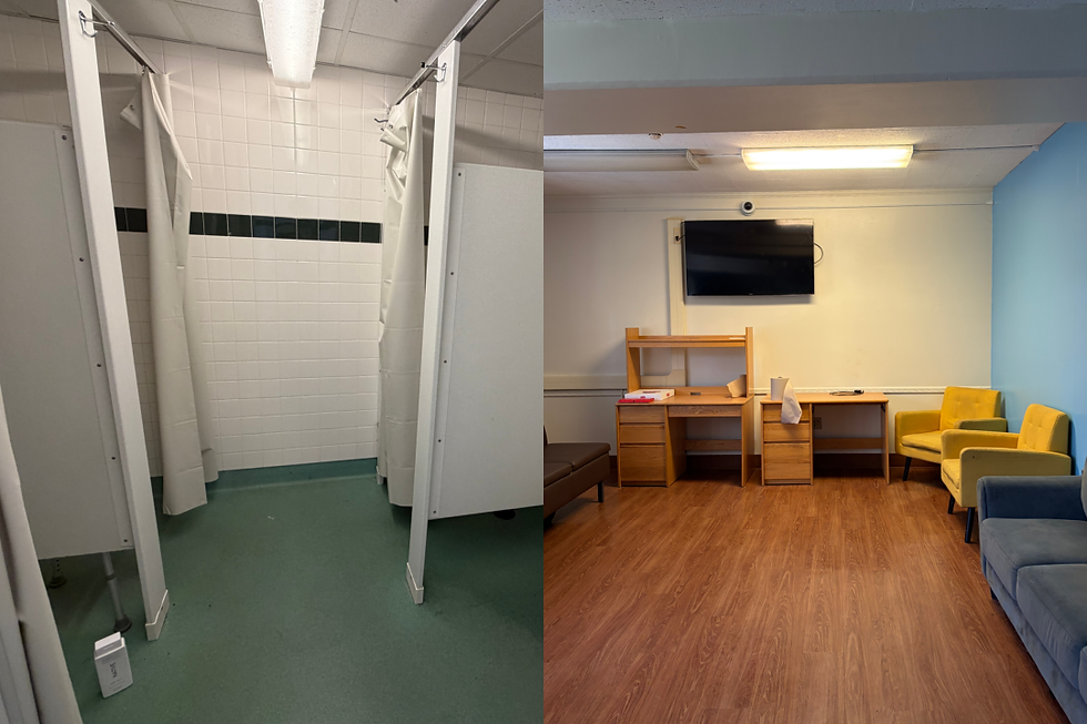 Dorm bathroom and common lounge