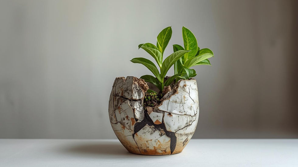 Zerbrochene Vase aus der eine kleine Pflanze wächst