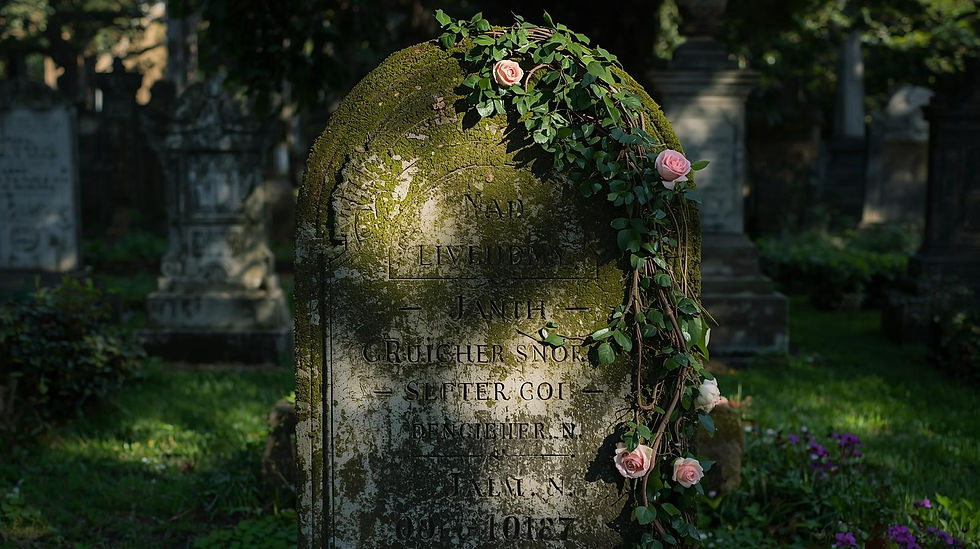 Mit Efeu und rosafarbenen Rosen umrankter Grabstein auf einem Friedhof