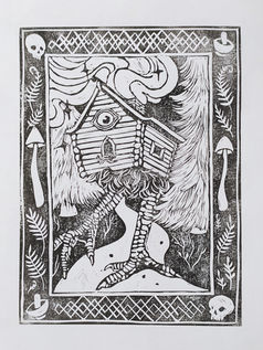 Lino printed handmade print baba yaga house slavic mythology and legend Elena Hayward Illustration