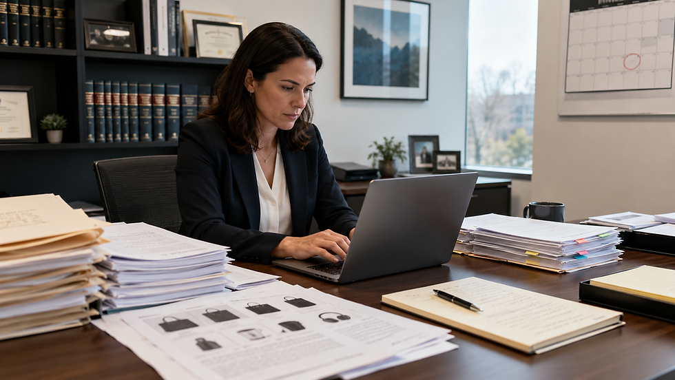 Trademark attorney preparing an office action response with legal documents and deadline notes