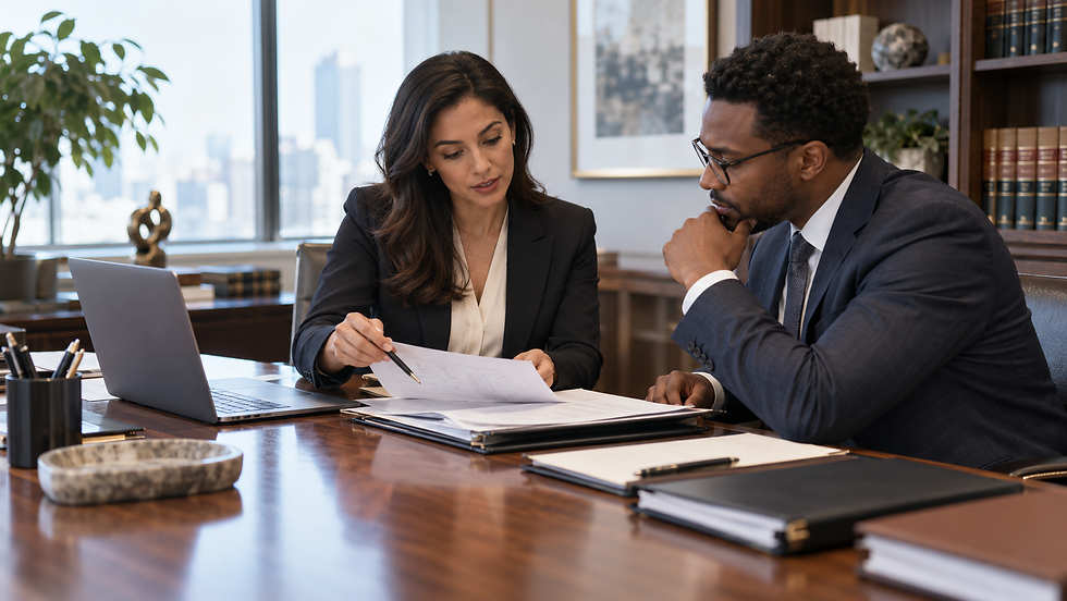 attorney reviewing trademark clearance search results with a business owner