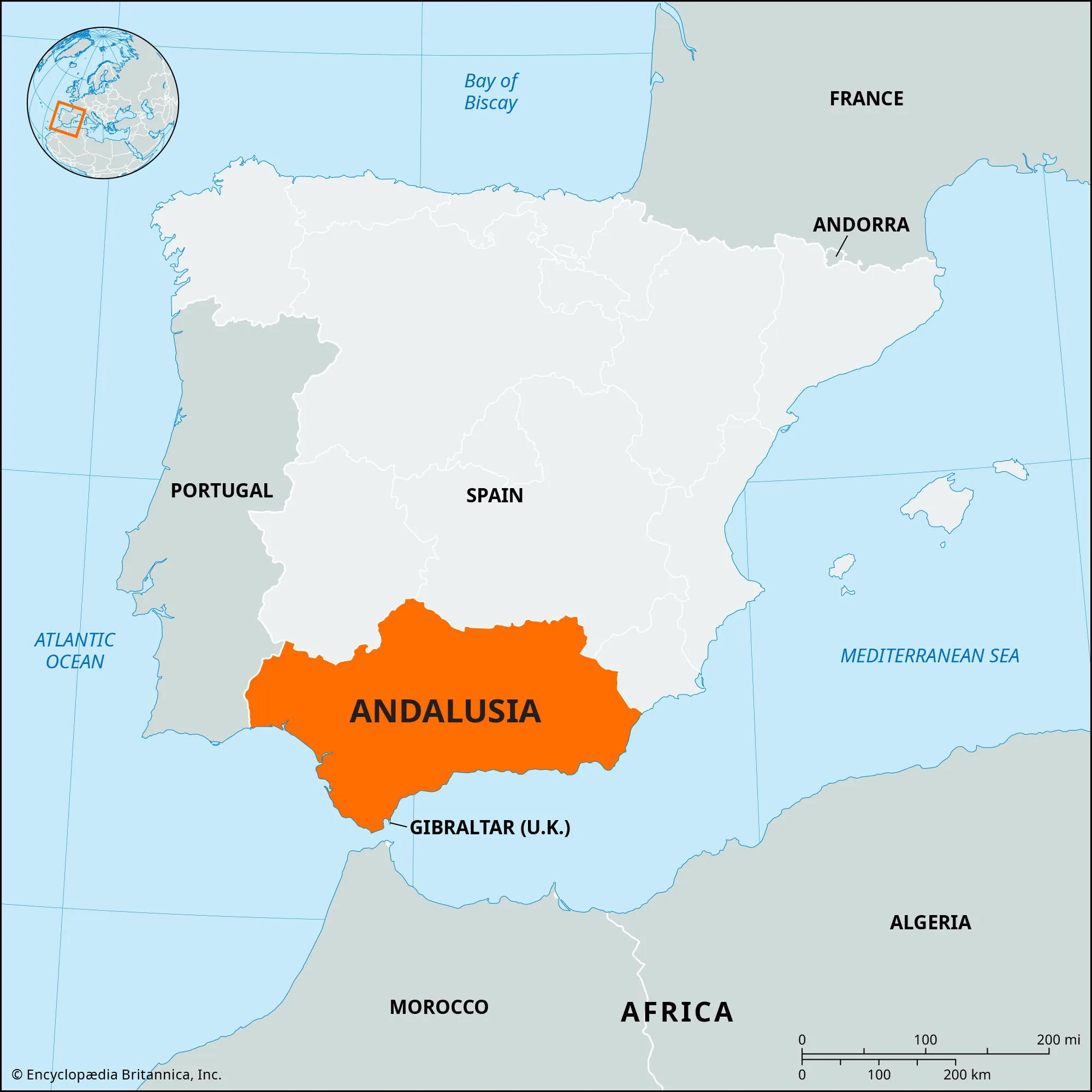 Map of Spain showing the region of Andalusia