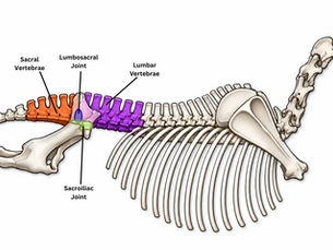 Illustration of a horse's spine indicating the location of lumbar and sacral vertebrae, lumbosacral and sacroiliac joints