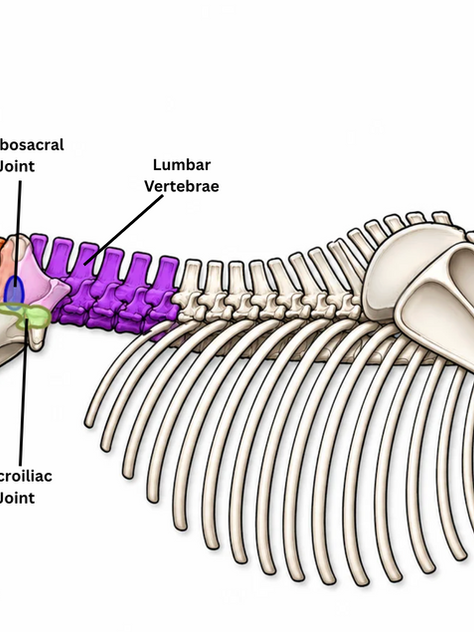 Illustration of a horse's spine indicating the location of lumbar and sacral vertebrae, lumbosacral and sacroiliac joints