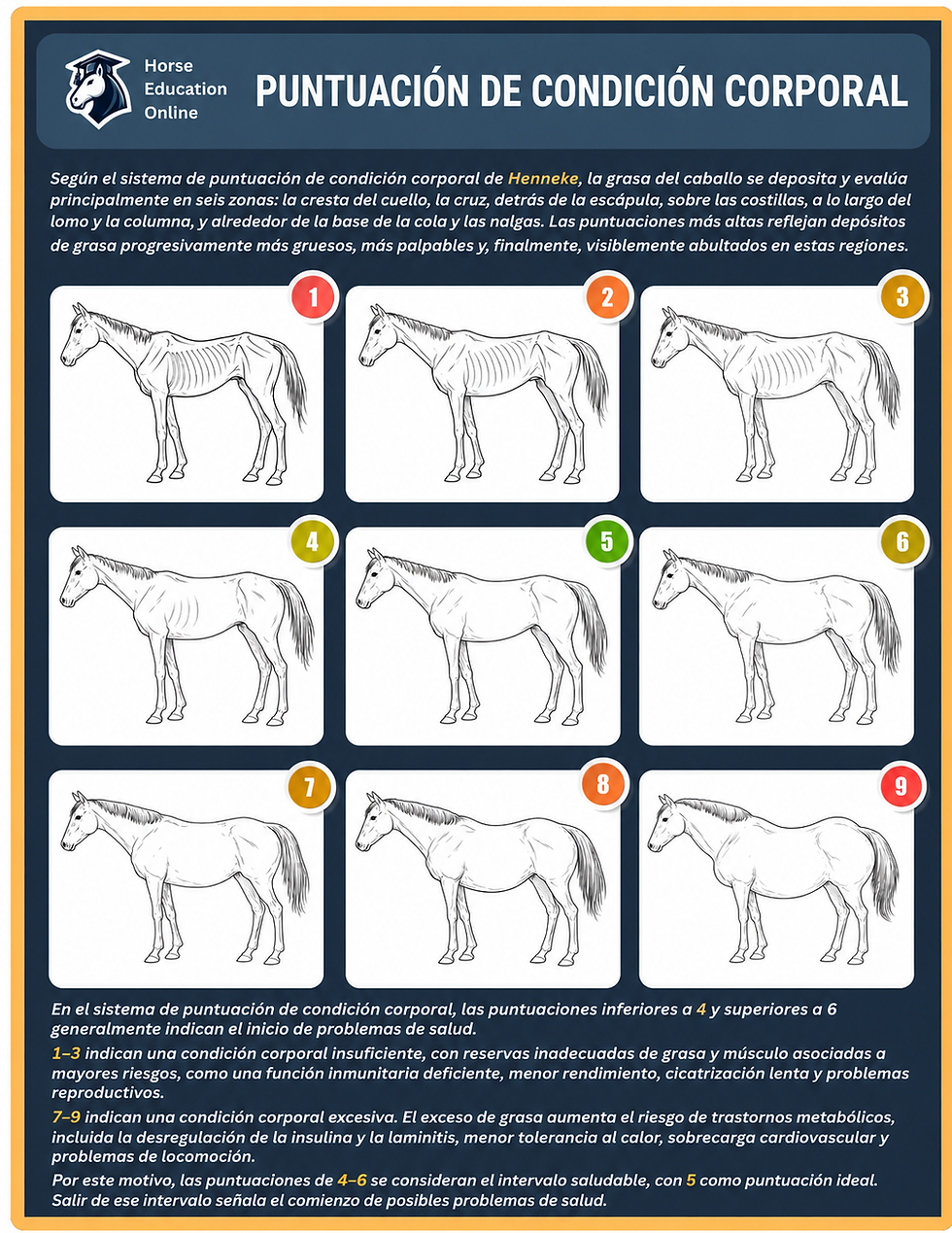 Infografía en español sobre puntuación de condición corporal equina 1-9, con nueve dibujos de caballos y texto explicativo.