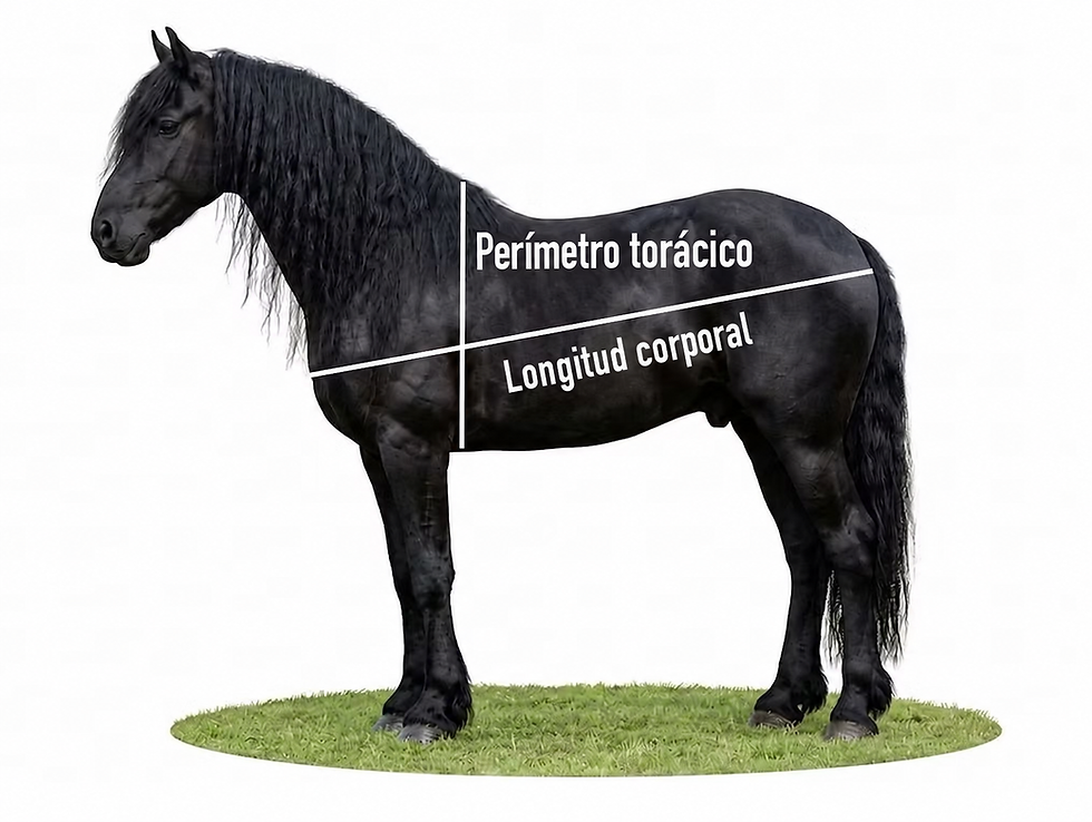 Caballo negro de perfil sobre césped, con líneas y texto Perímetro torácico y Longitud corporal sobre fondo blanco.