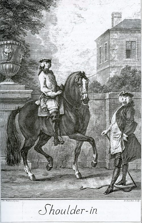 Antique drawing of a horse and rider performing a shoulder-in dressage move