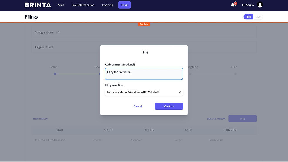 Brinta Preparing Filing stage showing the progress of submission to the tax authority or awaiting confirmation for manual filing