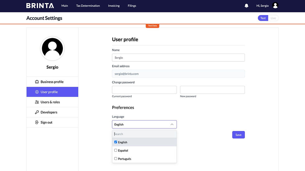 Brinta user profile settings page showing language preferences section with options for English, Español, and Português.