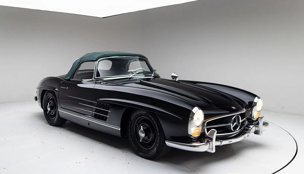 Black Mercedes 300SL classic car with green top for sale