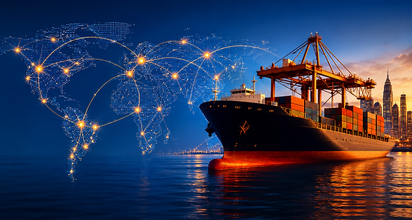 Navire cargo dans un port international la nuit avec réseau de connexions logistiques