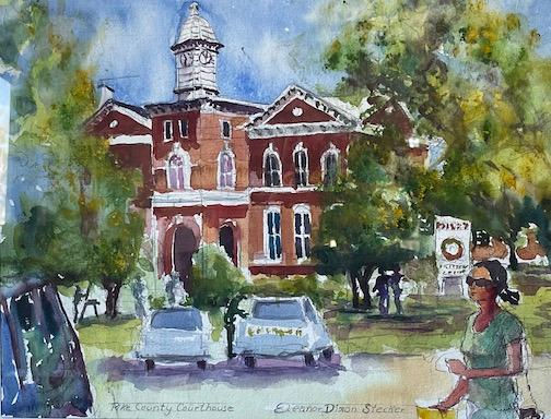 Watercolor painting of courthouse with cars and woman in front