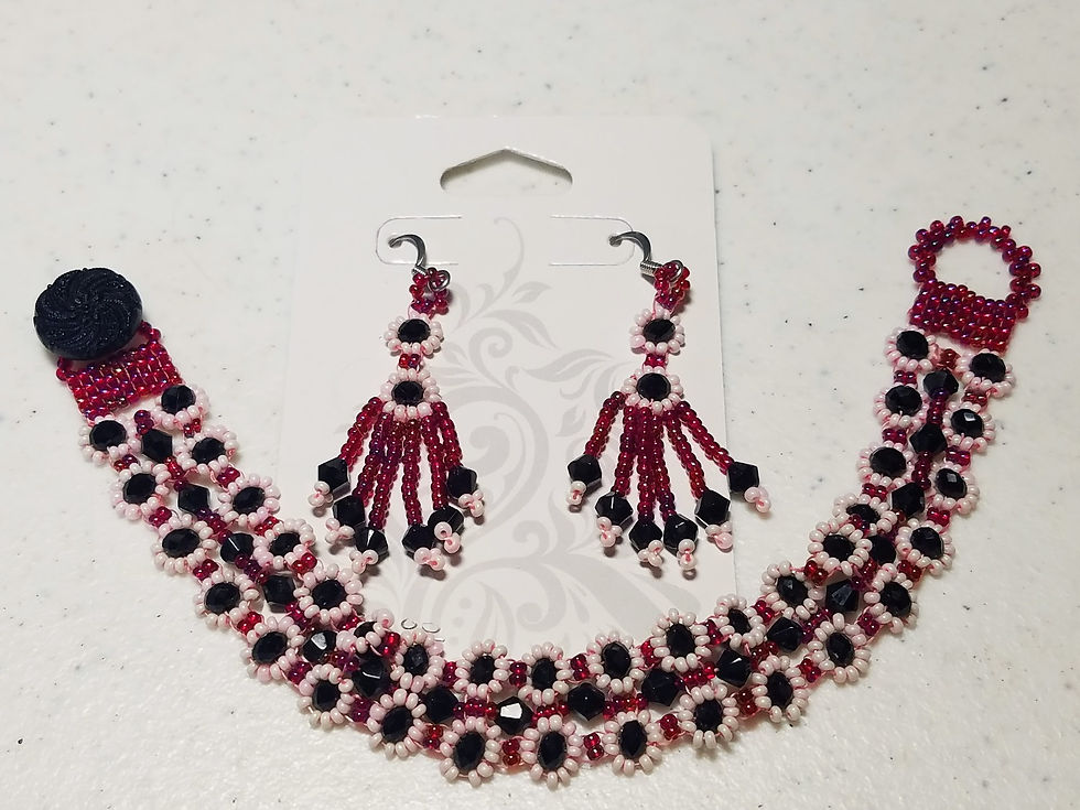 Field of Flowers Pink/Black Beaded Bracelet & Earrings