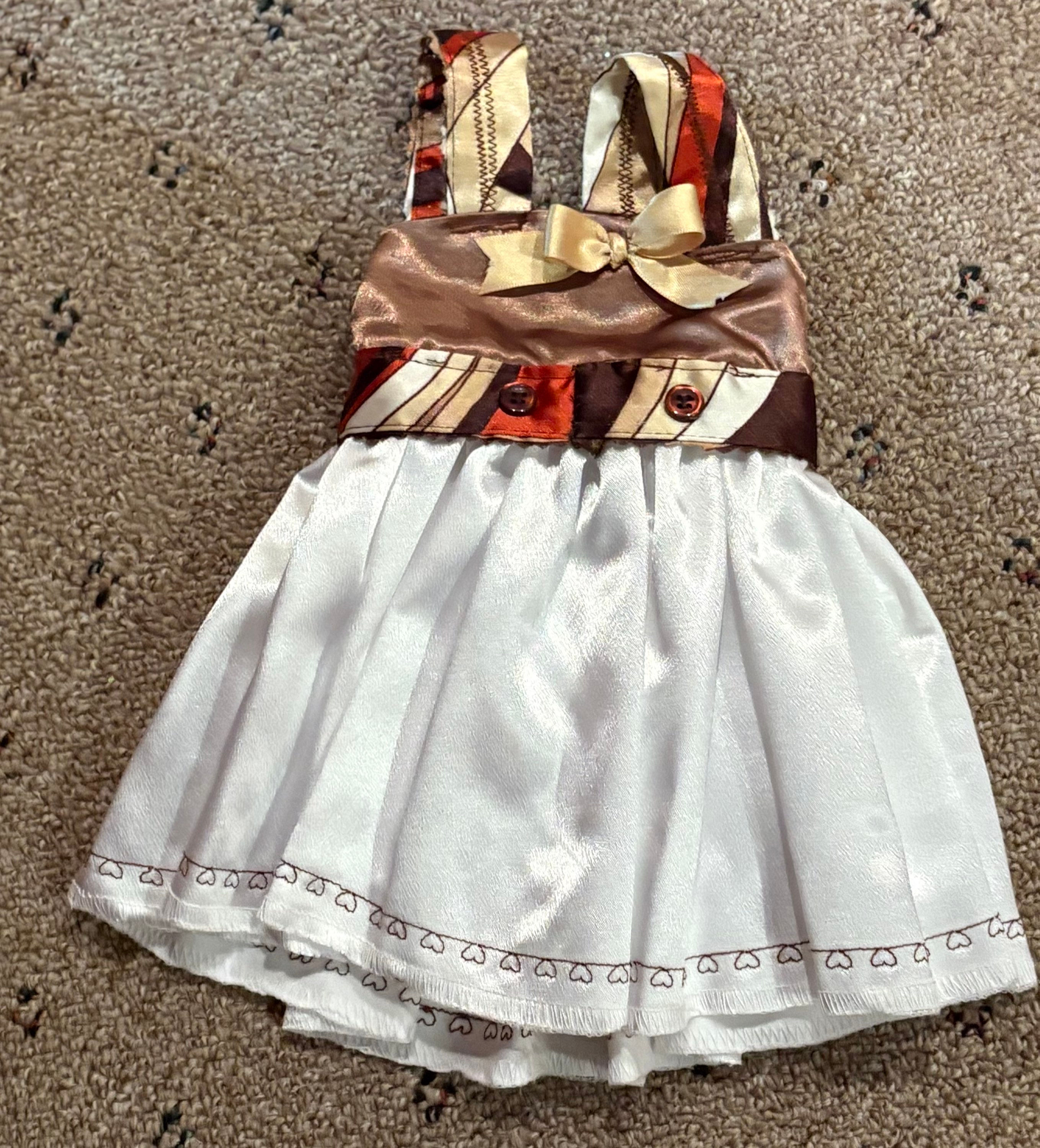 Satin dress with sleeveless bodice, white skirt & trim 