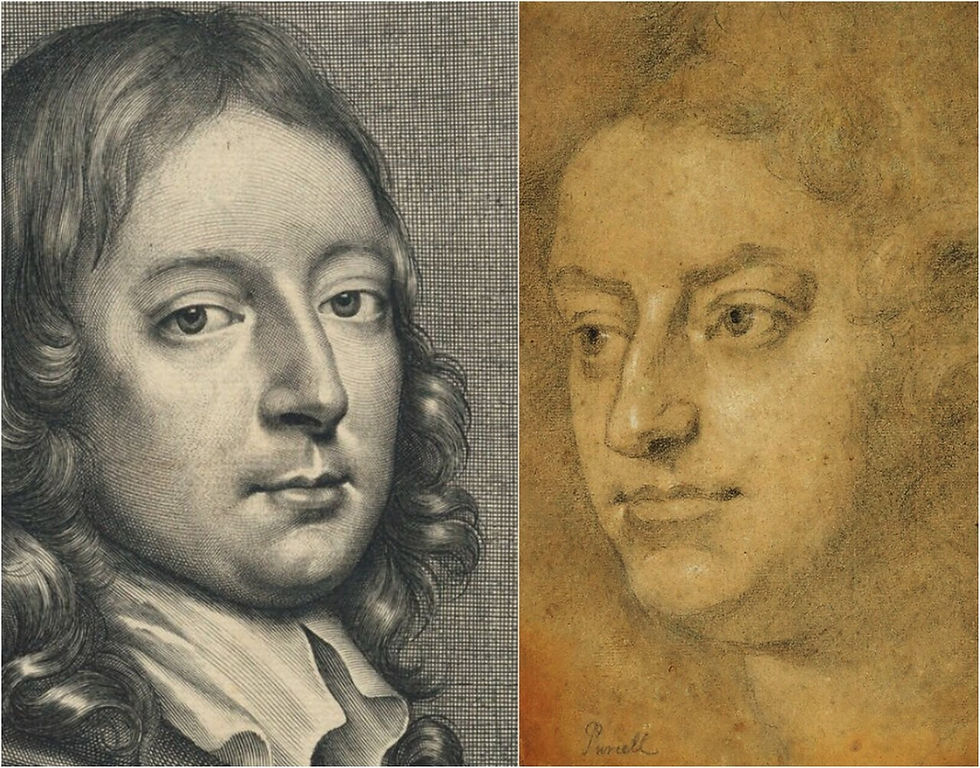 Links: Thomas Stanley door William Faithorne, naar een lijnets van Sir Peter Lely, 1655, 252 mm x 163 mm. Rechts: Portret van Henry Purcell door John Closterman, 1695, zwart krijt met witte accenten, 1695, 381 mm x 286 mm. Voor beide: National Portrait Gallery London, CC BY-NC-ND 3.0