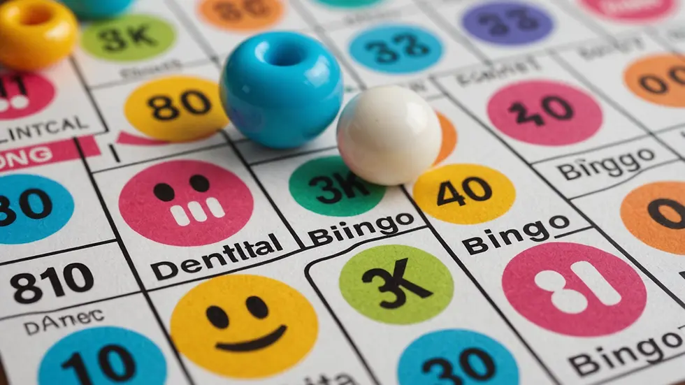 Close-up view of a colorful bingo card featuring dental images