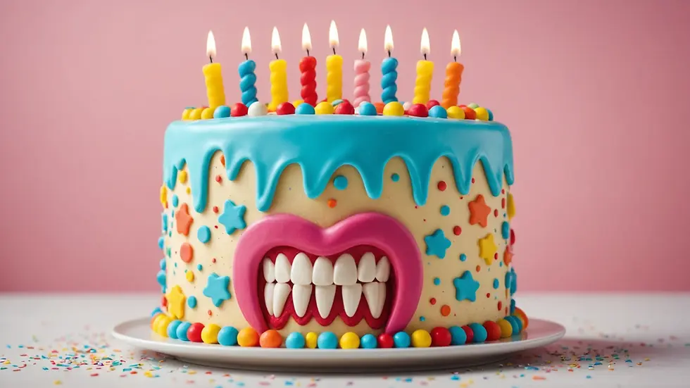 Eye-level view of a colorful birthday cake decorated with tooth and dental themes