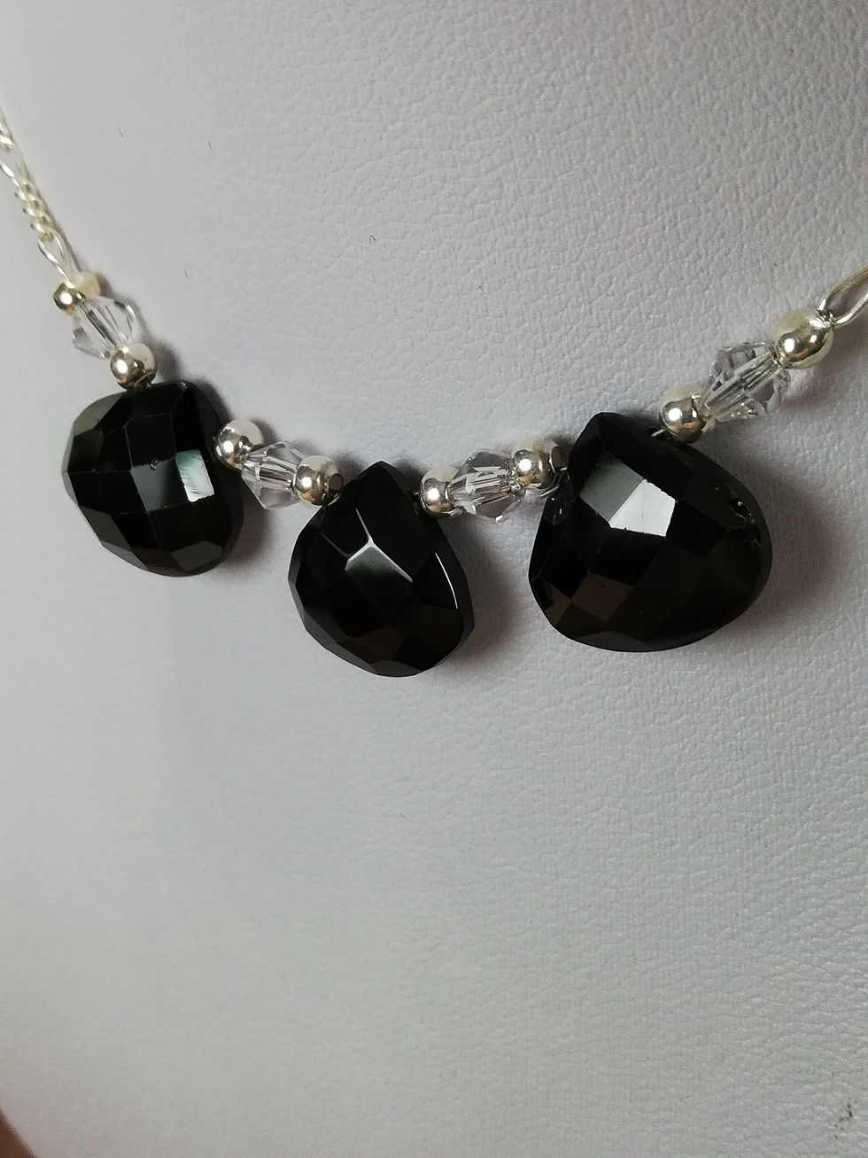 handmade Three trillian cut faceted black spinels set with clear crystals necklace