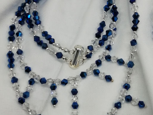 Handmade Metallic blue and clear crystals form a double row necklace