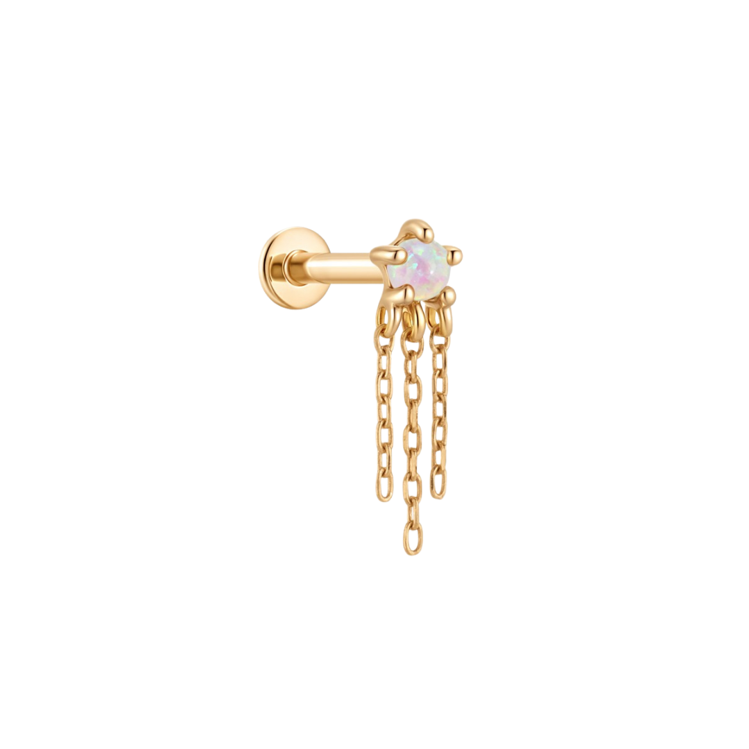 14k Solid Gold Round Opal Chain Labret