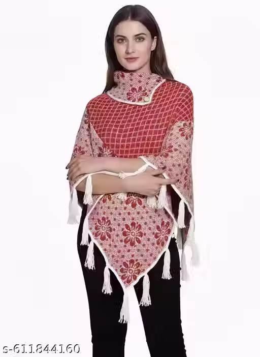 Thumbnail: Trendy Women’s Woolen Knitted Tassel Poncho