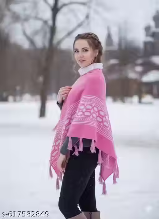 Thumbnail: Elegant Pink Knitted Poncho with Tassel Trim