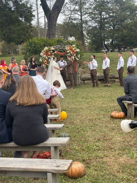 Wedding couple with wedding party standing at alter outside. Fall flowers and pumpkins line the aisle. 