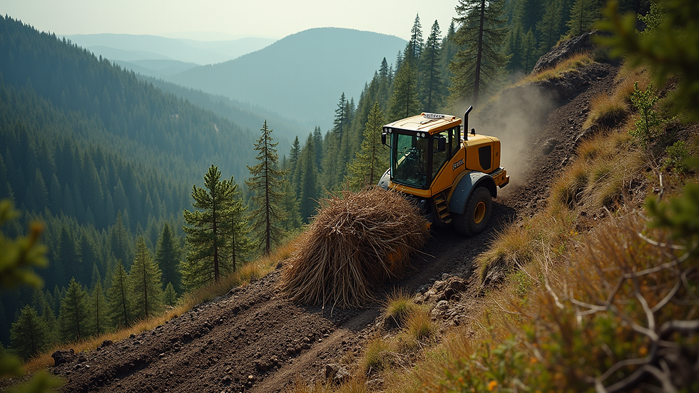 High angle view of forestry mulcher working on steep hillside terrain