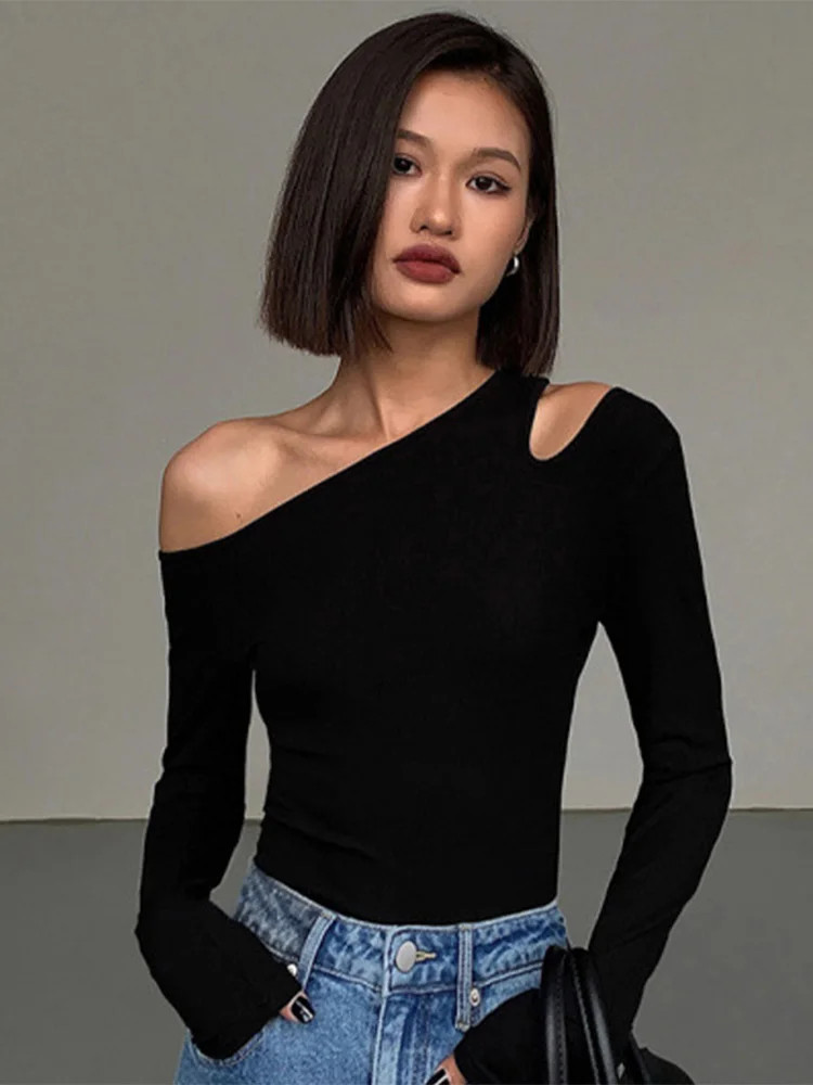 Thumbnail: Fashion Skew Collar Off-Shoulder Long-Sleeved T-Shirts Women Spring 2025 New
