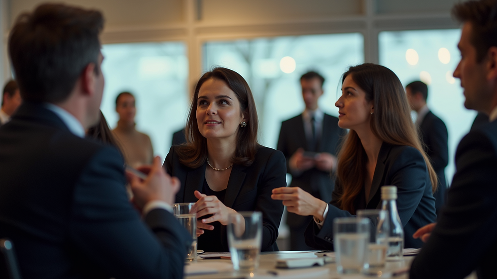 Eye-level view of a professional networking event with engaged participants
