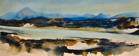 Cuillin of Skye from Ashaig Beach. Mountains and Munros Scottish Highlands. Red Cuillin and Black Cuillin. Isle of Skye The misty Isle .Watercolours and acrylic ink painting. Expressive mark making. Painting en plein air. Sand dunes and sea