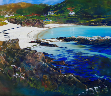 "Turquoise Sea"
Clachtoll, Sutherland seascape west highlands of Scotland original mixed media painting seascape highland cottages coastal bay