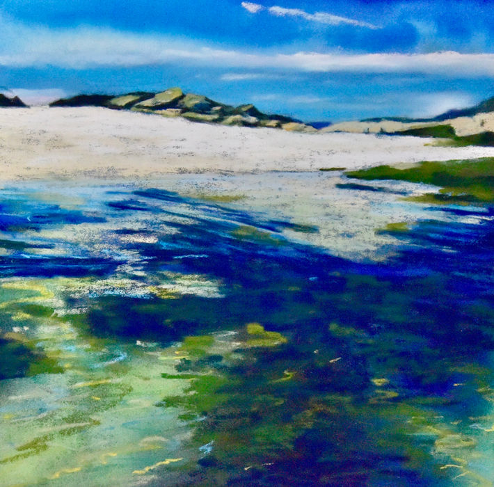 a painting of a deep blue sea ready to swim in washing up to a white sandy bay