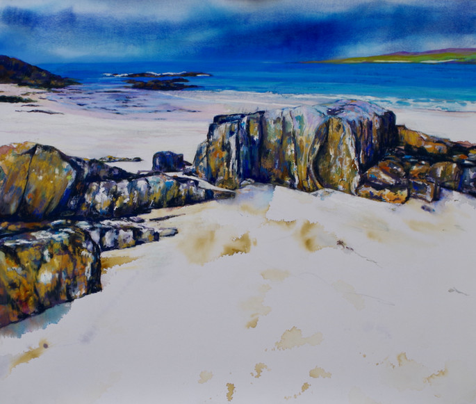 Balranald Noth Uist Outer Hebrides Scottish Highlands Seascape shoreline reflection on the water original artwork soft pastels Unison pastels Schminke pastels acrylic inks