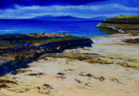 Isle of Rum & Isle of Eigg from Ardnamurchan wetern most point of Scotland Sanna Bay, seascape inner hebrides original painting soft pastel