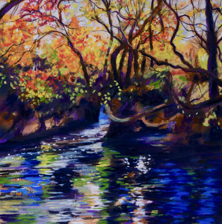 Autumn colours woods trees golden leaves river scene babbling brook