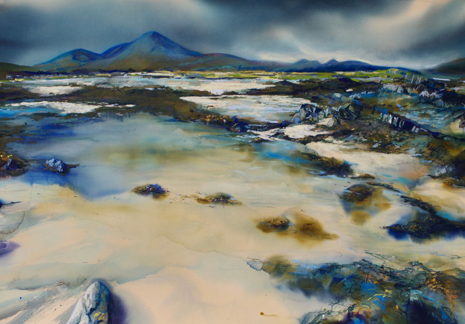 Broadford Bay , Skye
Waterloo   “Beinn na Caillich”   Cuillin Ridge   mountains  beach. painting moody sky 