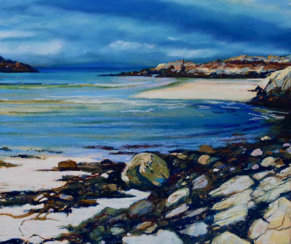 Point of Sleat 
Camus Darach  Isle of Skye Scottish Highlands Seascape shoreline reflection on the water original artwork soft pastels Unison pastels Schminke pastels