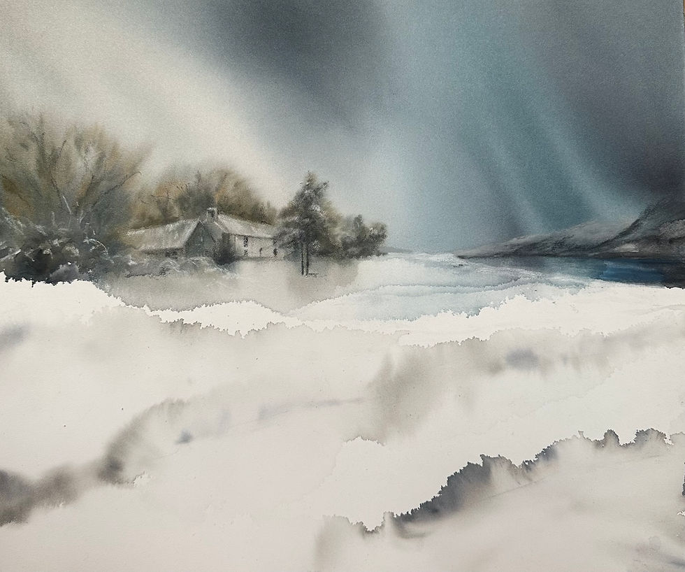 "Sweeping Snow Showers"  Ratagan Youth Hostel   Mixed Media Painting 