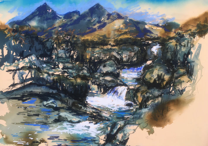 a painting of the rugged Sgurr nan Gillean shadowed against a cobalt blue sky, a foaming white waterfall cascading down to a pool in the foreground