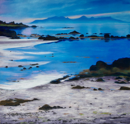 Isle of Rum and Isle of Eigg from Ardnamurchan wetern most point of Scotland evening light soft pastel seascape