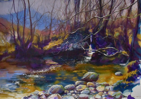 river bank trees babbling brook Glenshiel mixed media pastel acrylic ink
