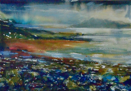 Isle of Rum, Small Isles, from Isle of Skye, Scottish Highlands, watercolour and pastel paintingrocky shore and sea. Rain clouds overhead, light on the water.