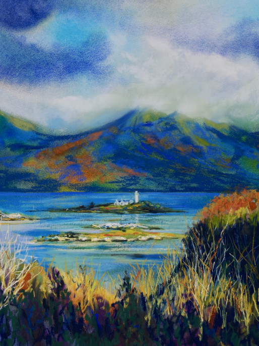 Isle Ornsay Eilean Iarmain Lighthouse Ben Sgriel
Camus Cross
Isle of Skye Scottish Highlands Seascape shoreline reflection on the water original artwork soft pastels Unison pastels Schminke pastels