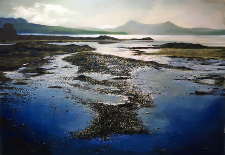 Light on the water, beach with pebbles, mountains, Knoydart, Loch Hourn Loch Nevis, Sound of Sleat, Isle of Skye, Knock Bay South Skye, Garden of Skye. Knock Castle, Ruin castle, Original artwork soft pastel