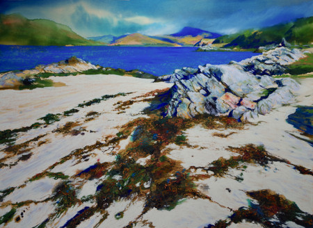 "Bright Water Bay"
Sandaig Islands near Glenelg
Ring of Bright water Gavin Maxwell country coral beach islands turquoise sea Glenelg Ferry Glenelg Inn Original mixed media painting seascape