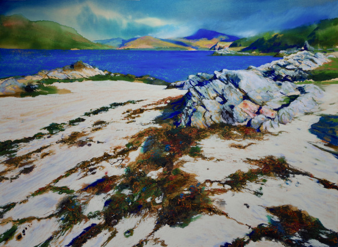 "Bright Water Bay"
Sandaig Islands near Glenelg
Ring of Bright water Gavin Maxwell country coral beach islands turquoise sea Glenelg Ferry Glenelg Inn Original mixed media painting seascape
