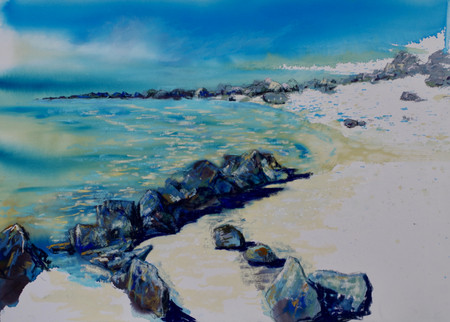 North Uist beach seascape rocks mixed media soft pastel turquoise sea outer hebrides inner hebrides landscape painting en plein air original art